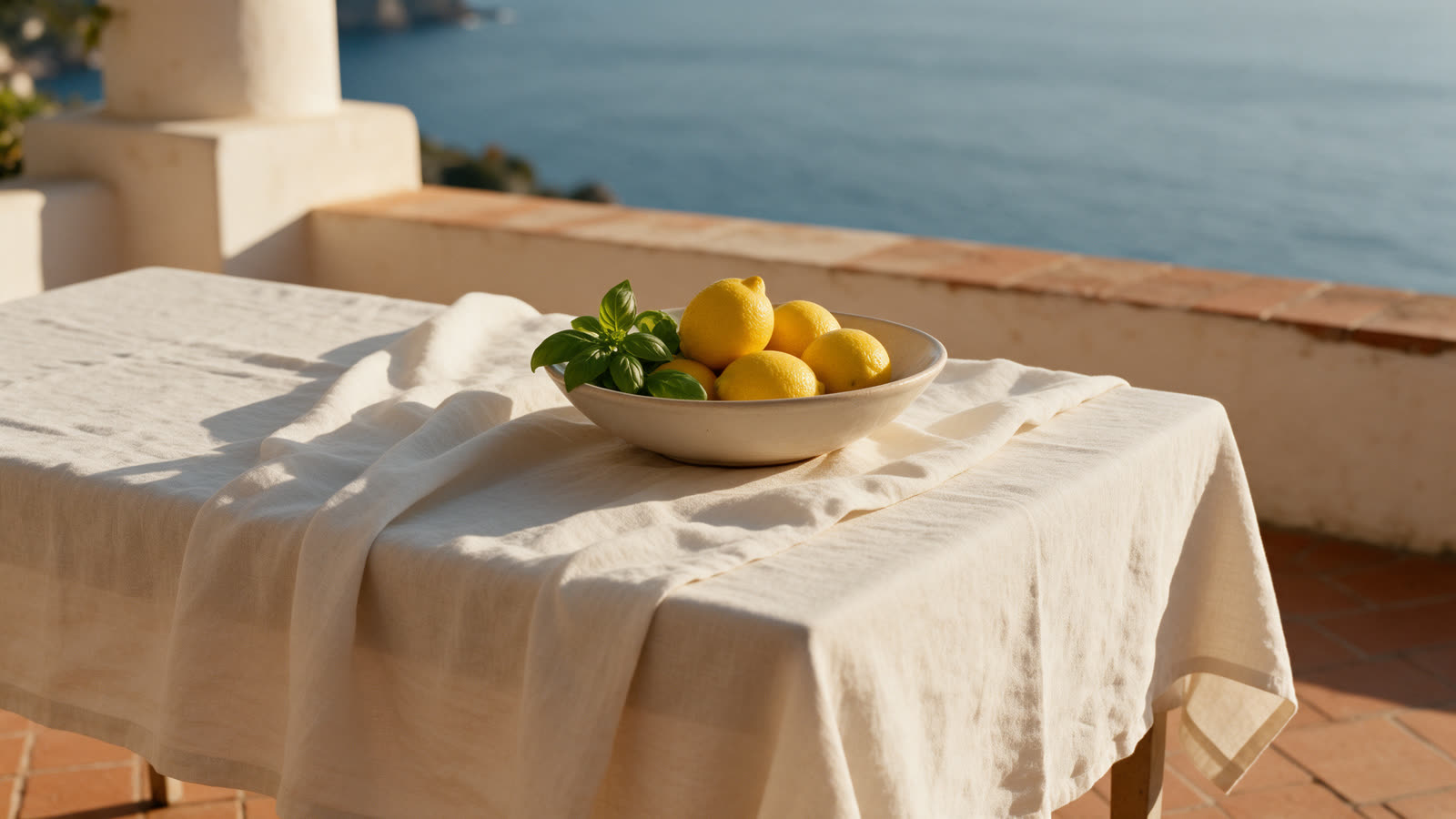 AdoreItal.com: Italian lifestyle domain Sunlit Italian terrace with lemons and basil on a linen table by the sea