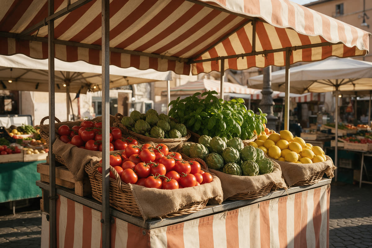 Fresh produce at an Italian market Italian market stall overflowing with tomatoes, artichokes and lemons