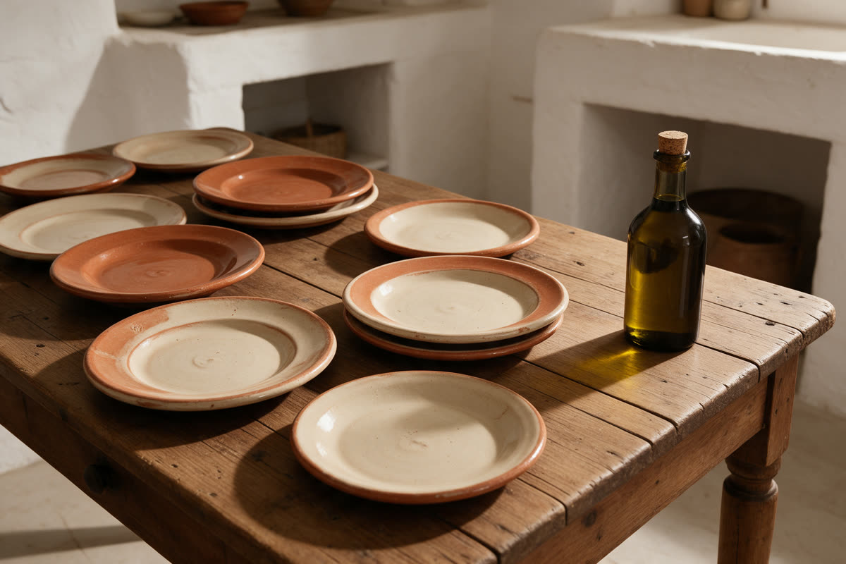 Artisan ceramics and olive oil Handmade Italian ceramic plates and a bottle of olive oil on a wooden table