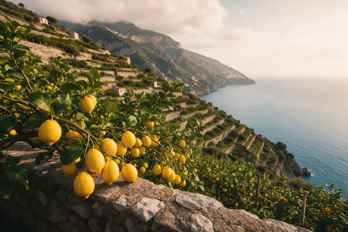 Amalfi lemon grove Terraced lemon grove on the Amalfi coast above the sea